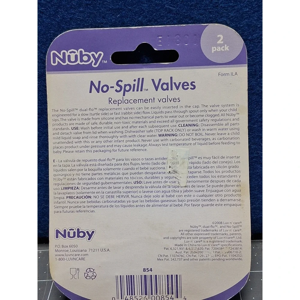Nuby No Spill Replacement Valves White 2 Pack Dual Flo BPA‎ Free 854